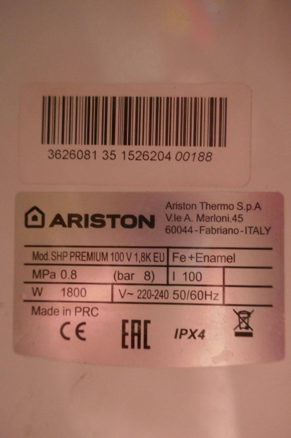 Ariston villanybojler adattábla 1. példa